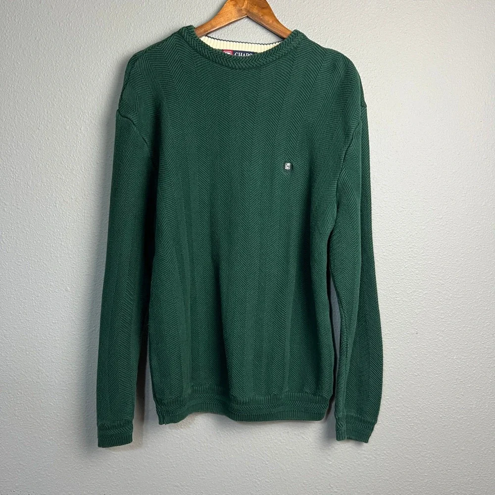Chaps EST.‎ 1978 Green Cotton Y2K Knit Sweater Crew Neck Herringbone Mens Large